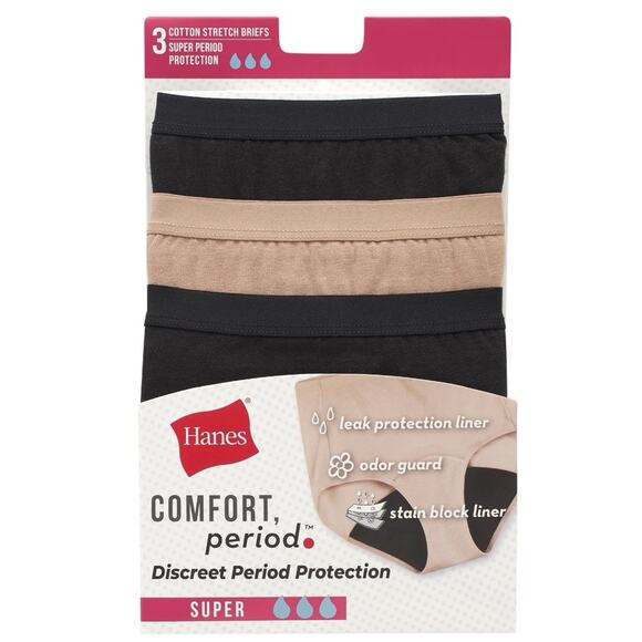 Hanes Women’s Comfort Period Cotton Briefs 3-Pack Super Protection M-6 Free Ship - Picture 1 of 6